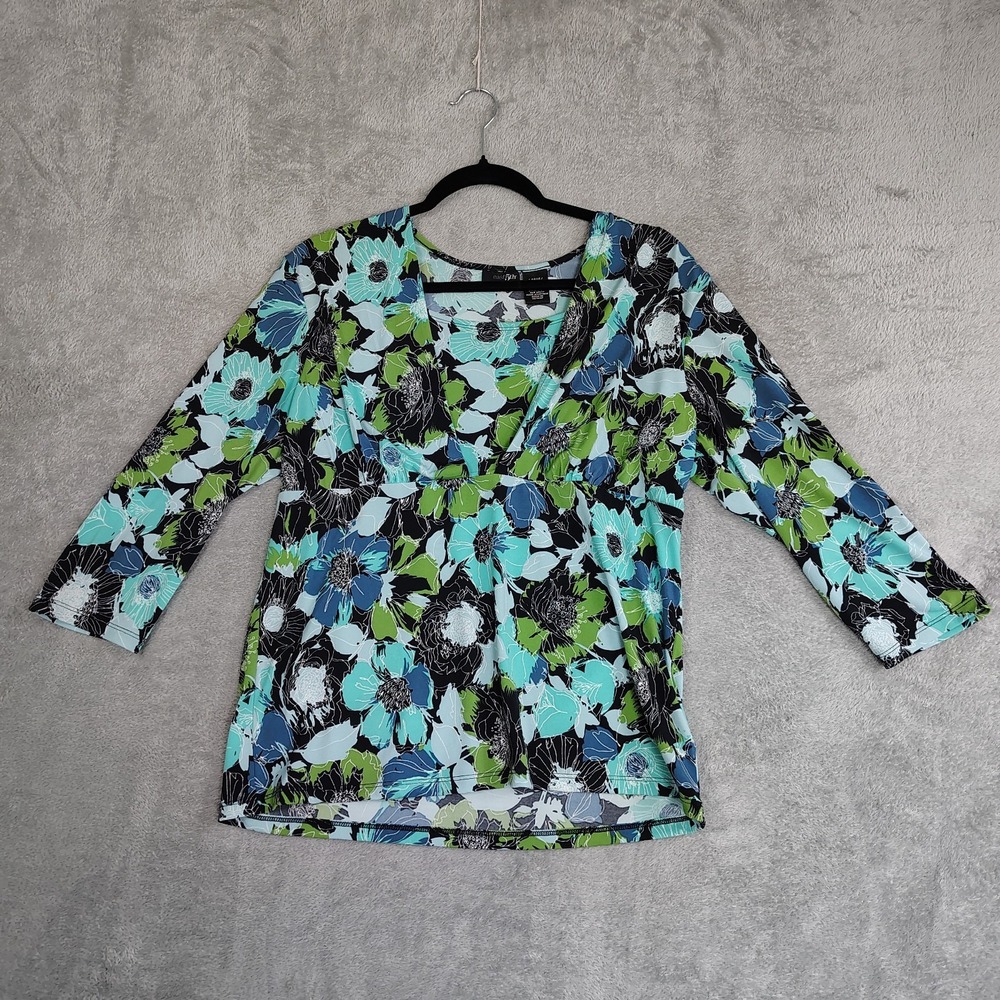 Vintage Y2K East Fifth Green Floral Babydoll Top Large ¾ Sleeve Spring Woodland